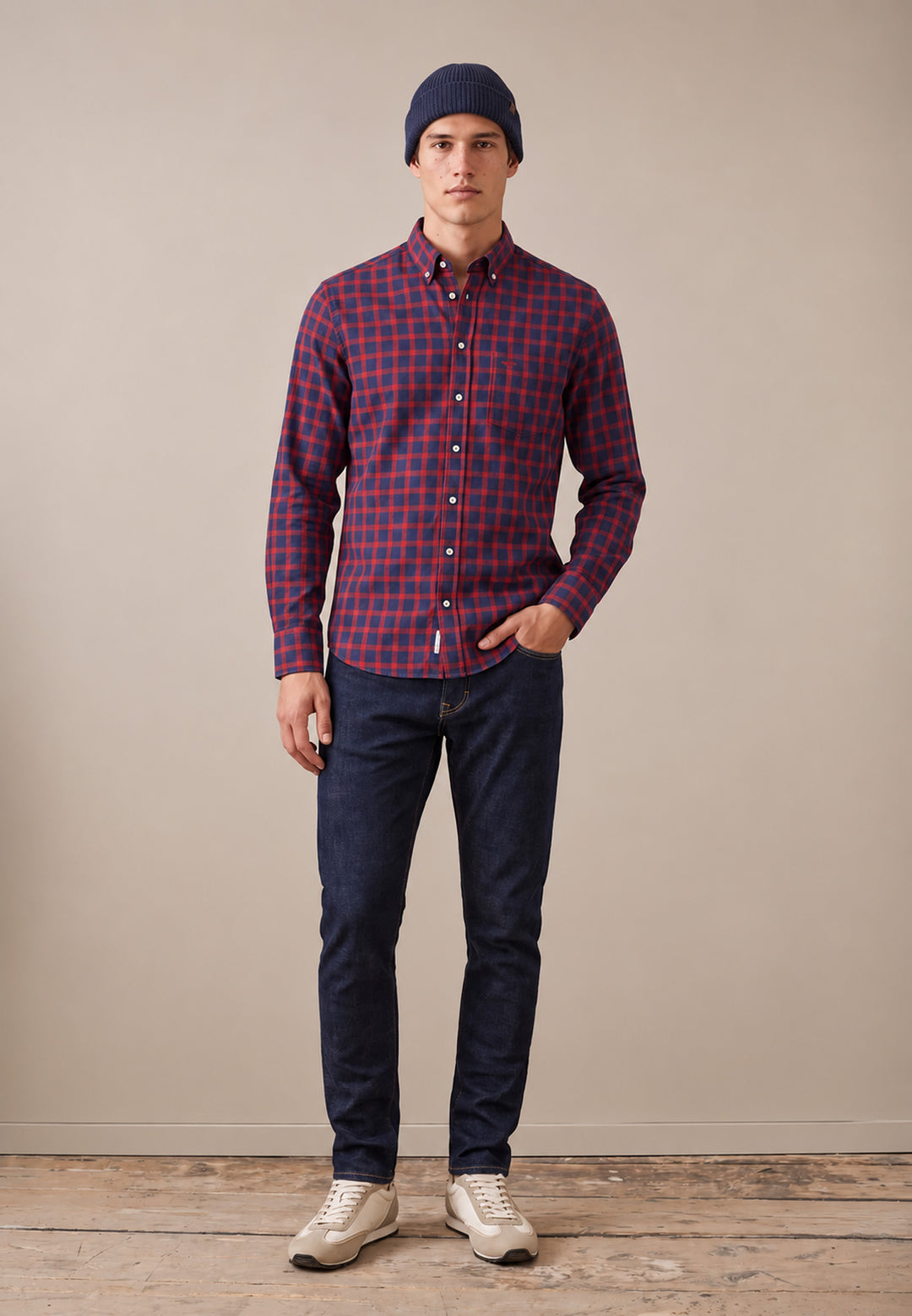 Two-Tone Check Button Down Shirt Brick