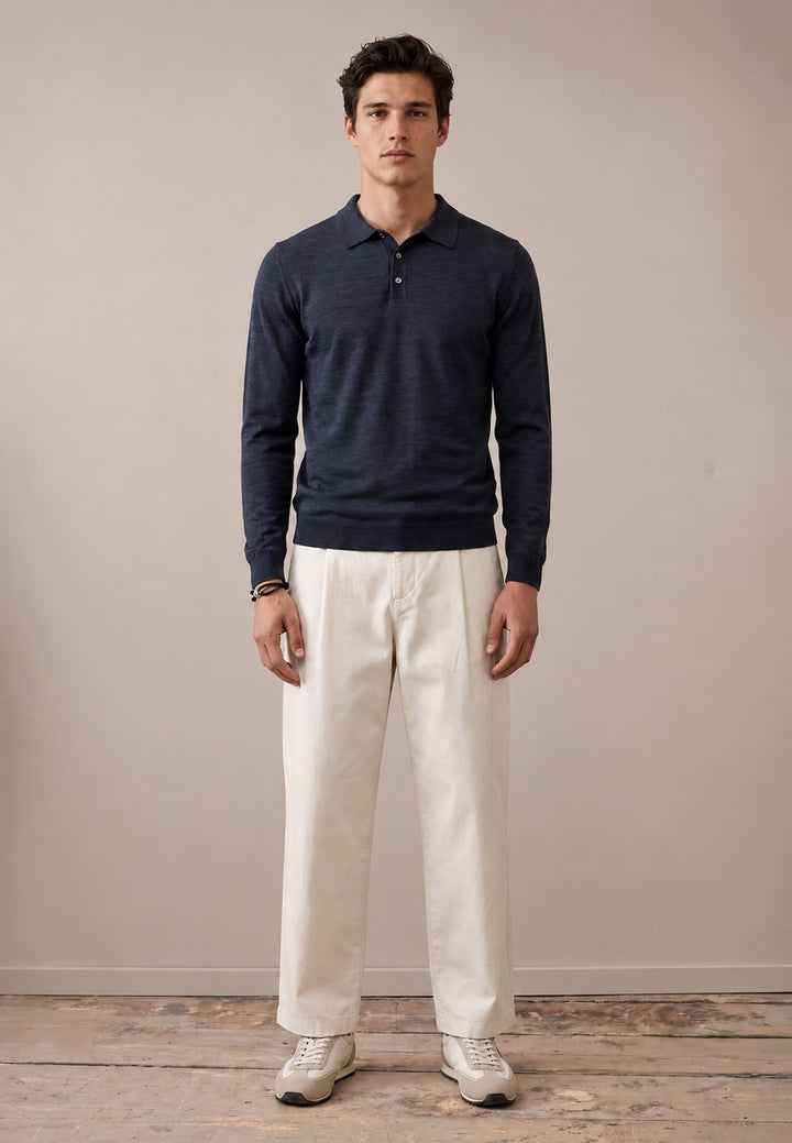 Merino Wool Fine Gauge Polo Collar Knit Navy
