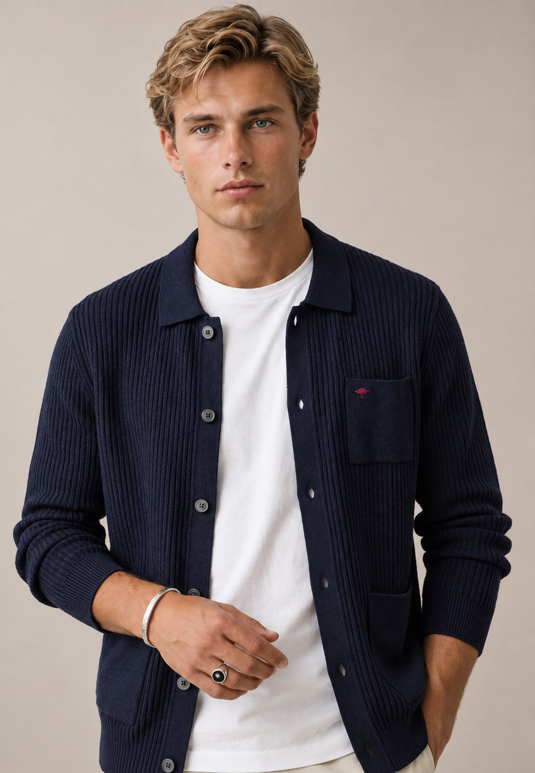 Ribbed Fine Knit Cotton Cardigan Navy