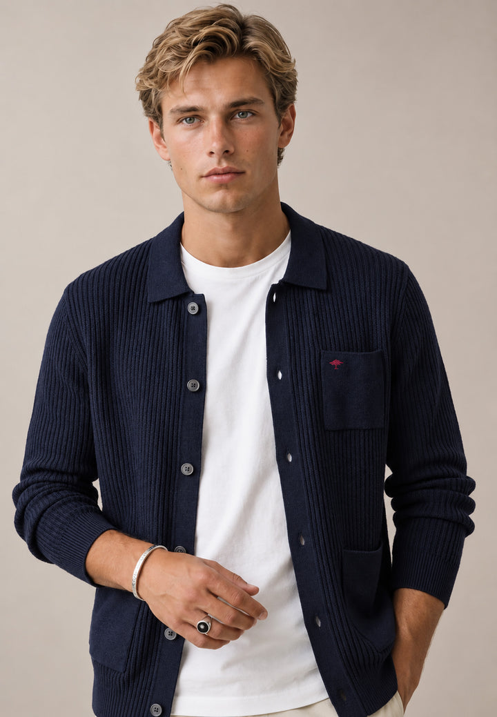 Ribbed Fine Knit Cotton Cardigan Navy