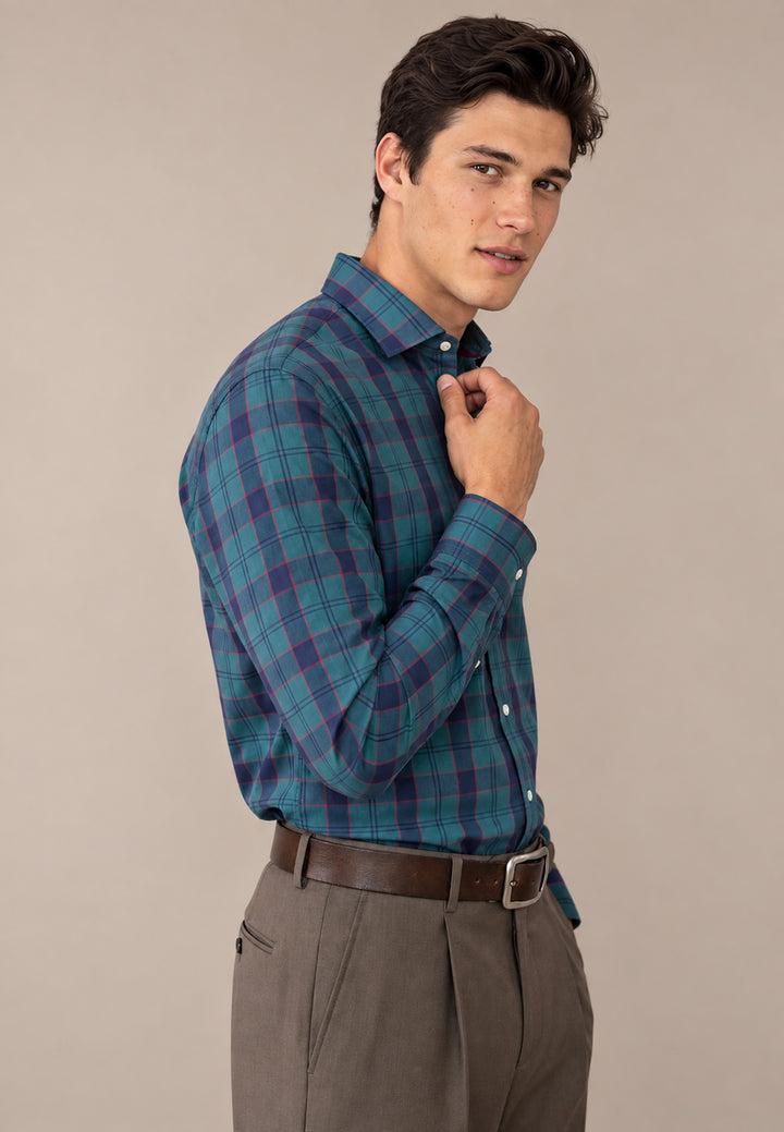 Egyptian Poplin Check Kent Collar Shirt Teal