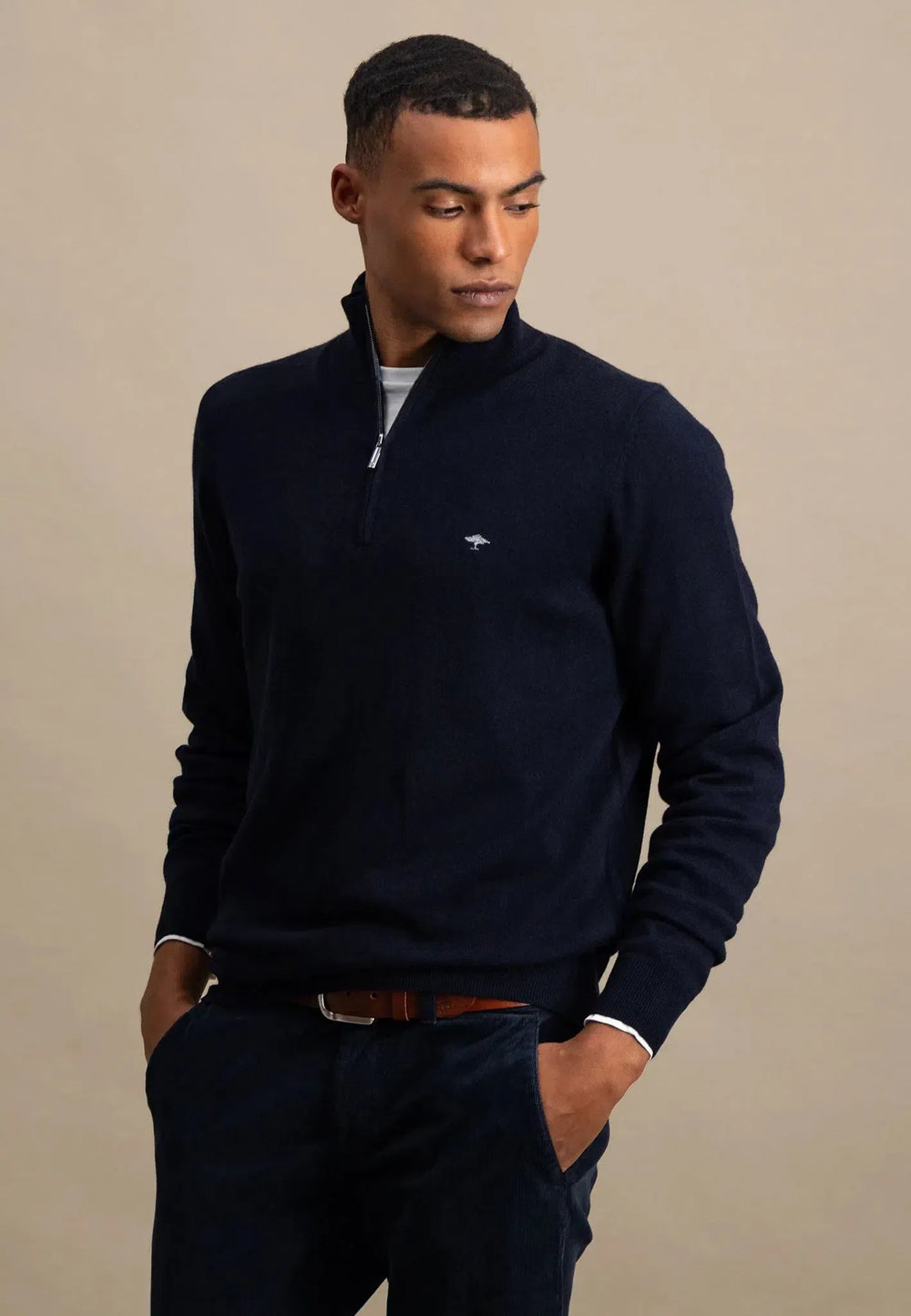 1/4 Zip Merino Cashmere Knit Navy-Fynch-Hatton UK