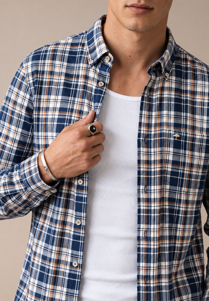 Twill Check Button Down Shirt Navy