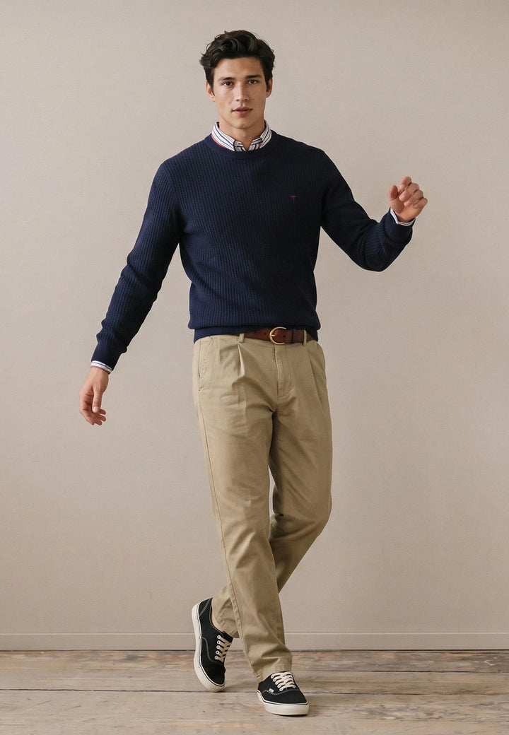 Ribbed Cotton Crewneck Knit Navy