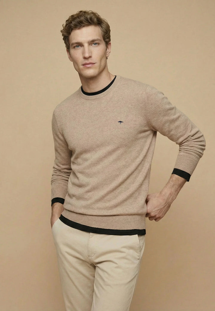 Fine Knit Cotton Crewneck Sweater Taupe