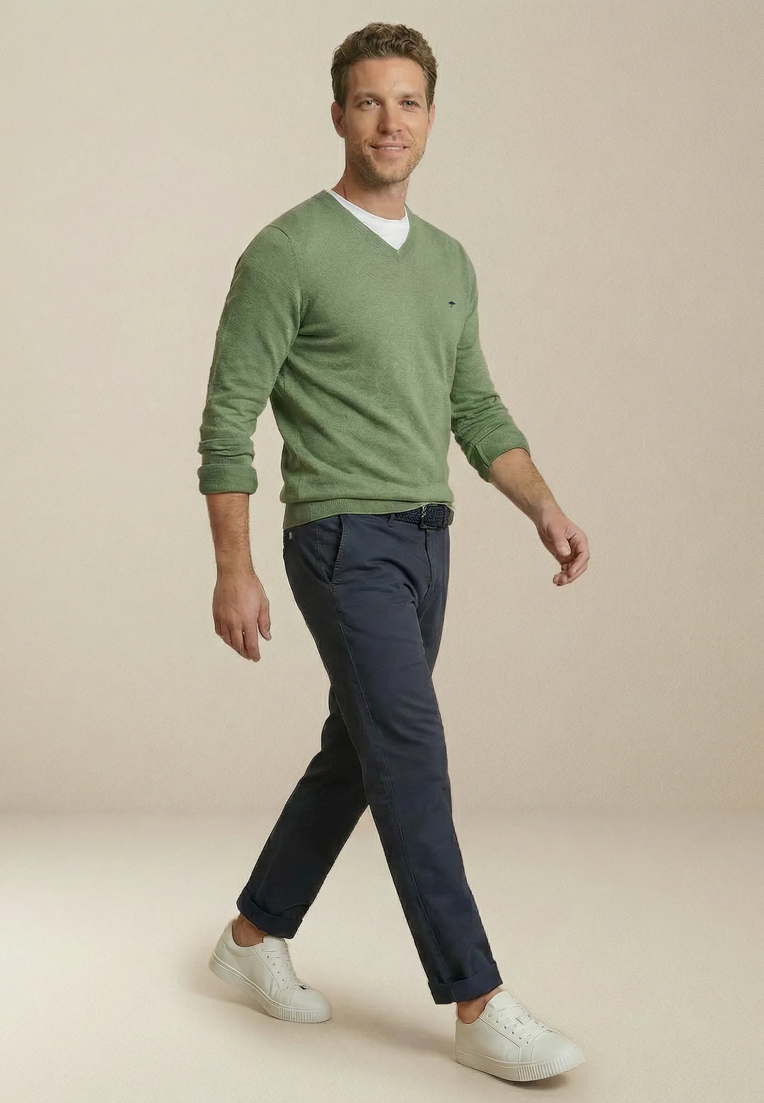 V-Neck Fine Knit Cotton Sweater Avocado