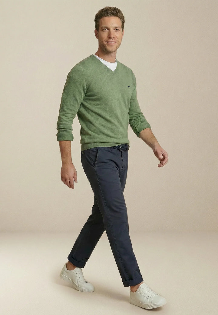 V-Neck Fine Knit Cotton Sweater Avocado