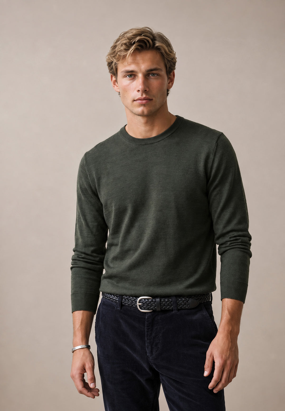 Merino Wool Fine Gauge Crewneck Knit Cypress