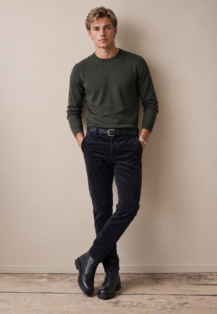 Merino Wool Fine Gauge Crewneck Knit Cypress