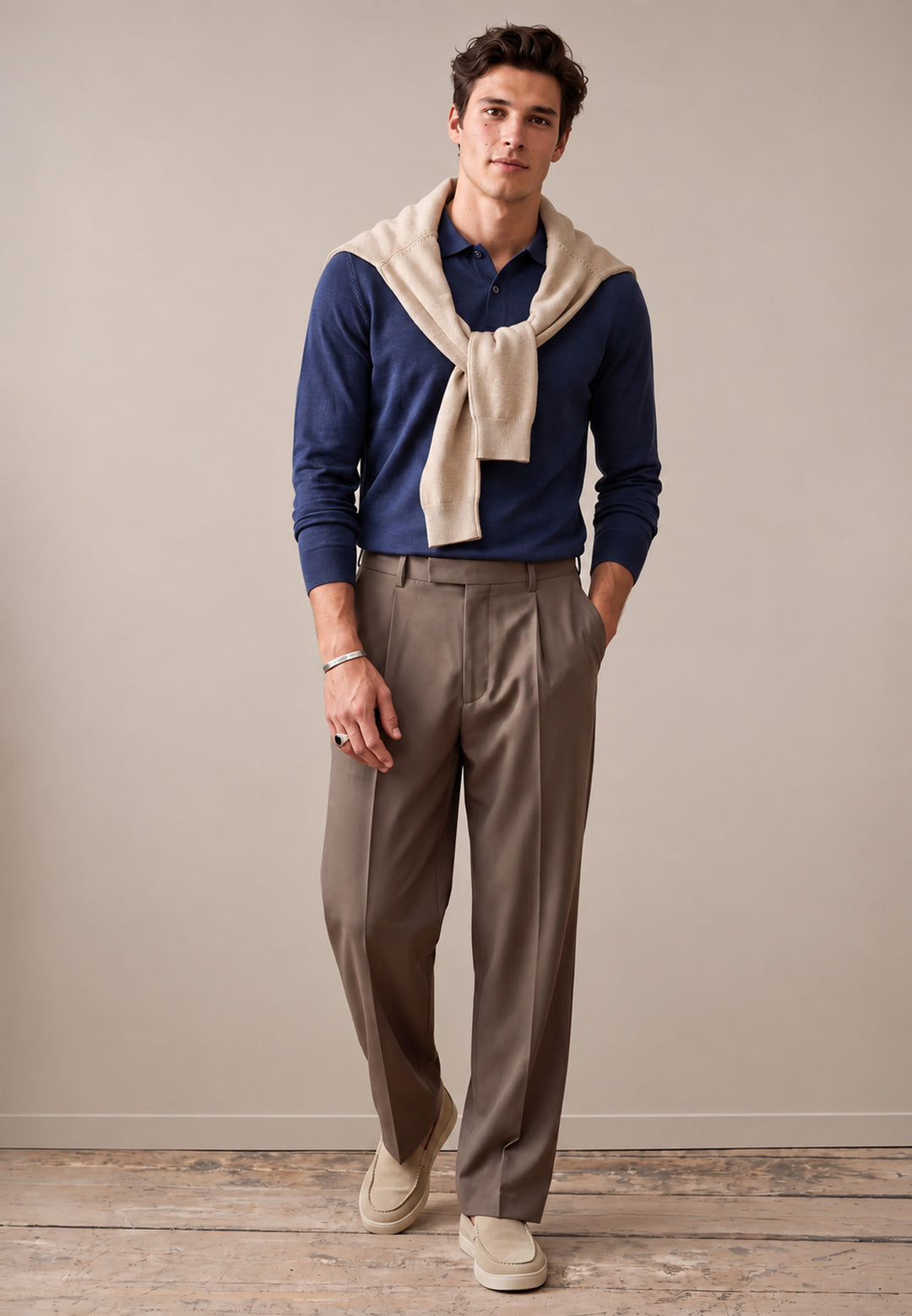 Melange Cotton Long Sleeve Polo Shirt Night
