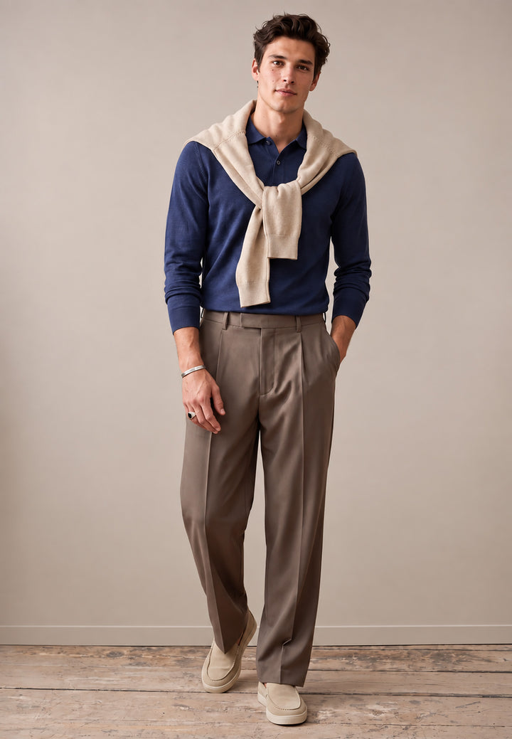 Melange Cotton Long Sleeve Polo Shirt Night