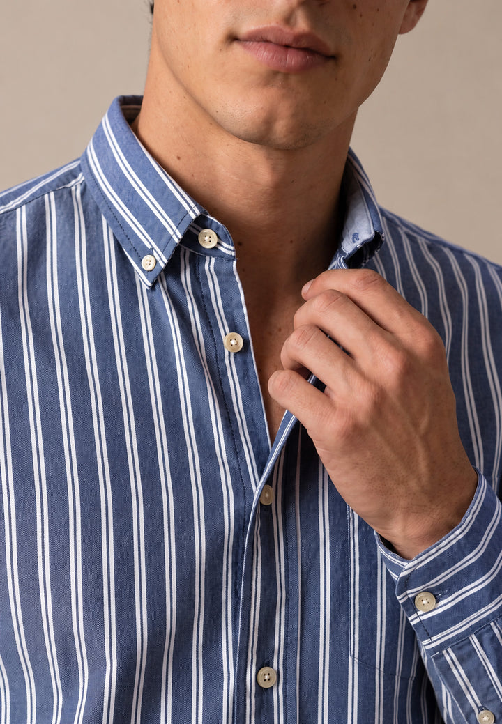 Striped Twill Button Down Shirt Teal