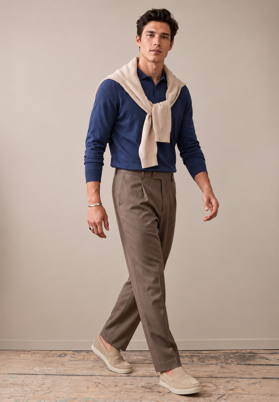 Melange Cotton Long Sleeve Polo Shirt Night