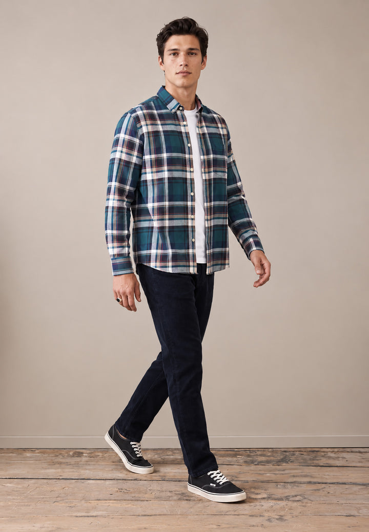 Multicolor Oxford Check Button Down Shirt Teal