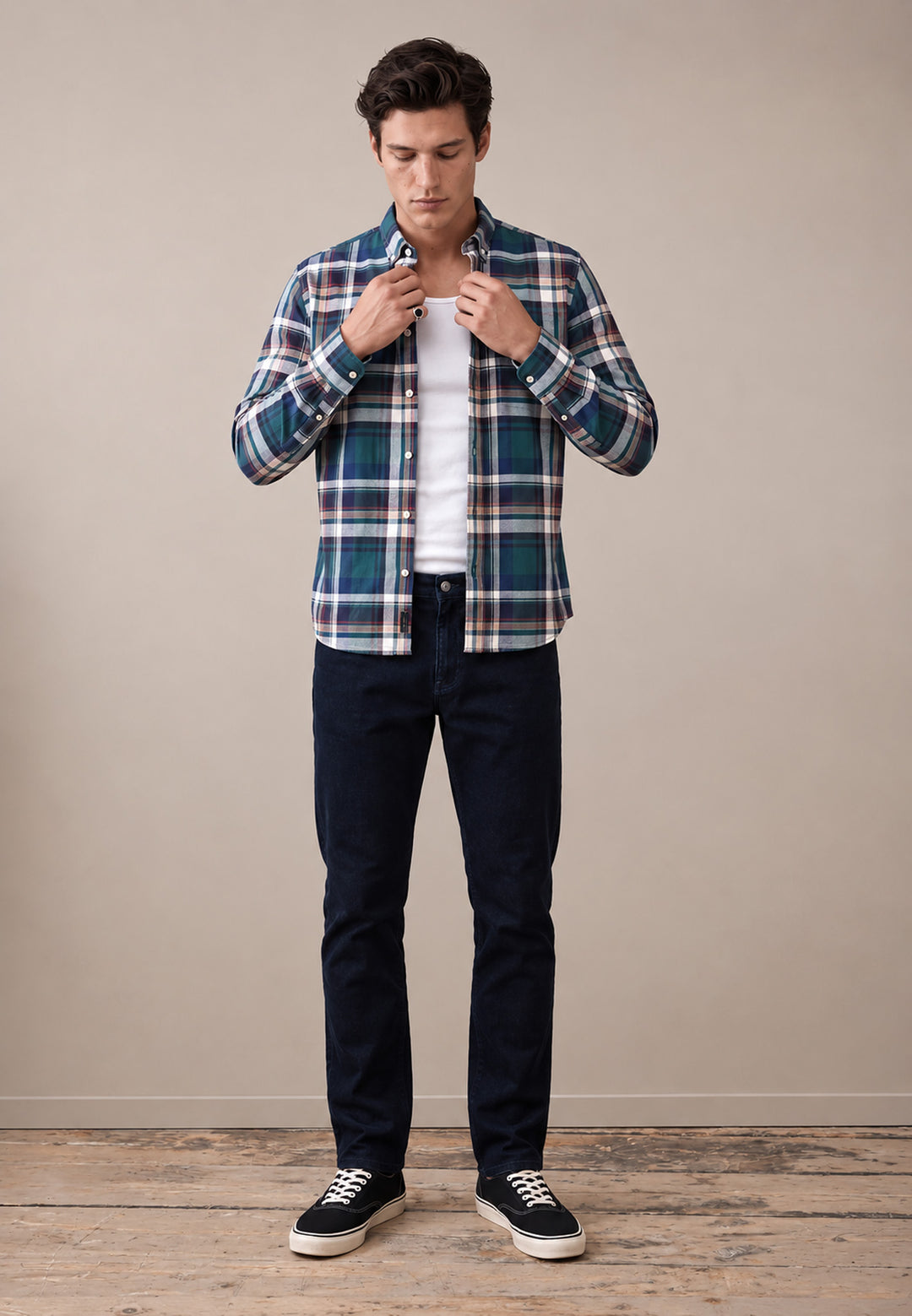 Multicolor Oxford Check Button Down Shirt Teal
