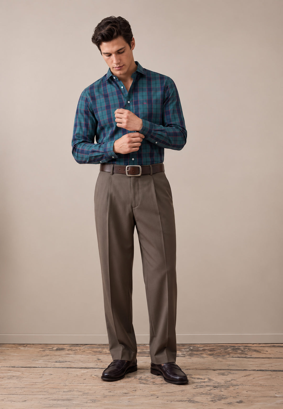 Egyptian Poplin Check Kent Collar Shirt Teal