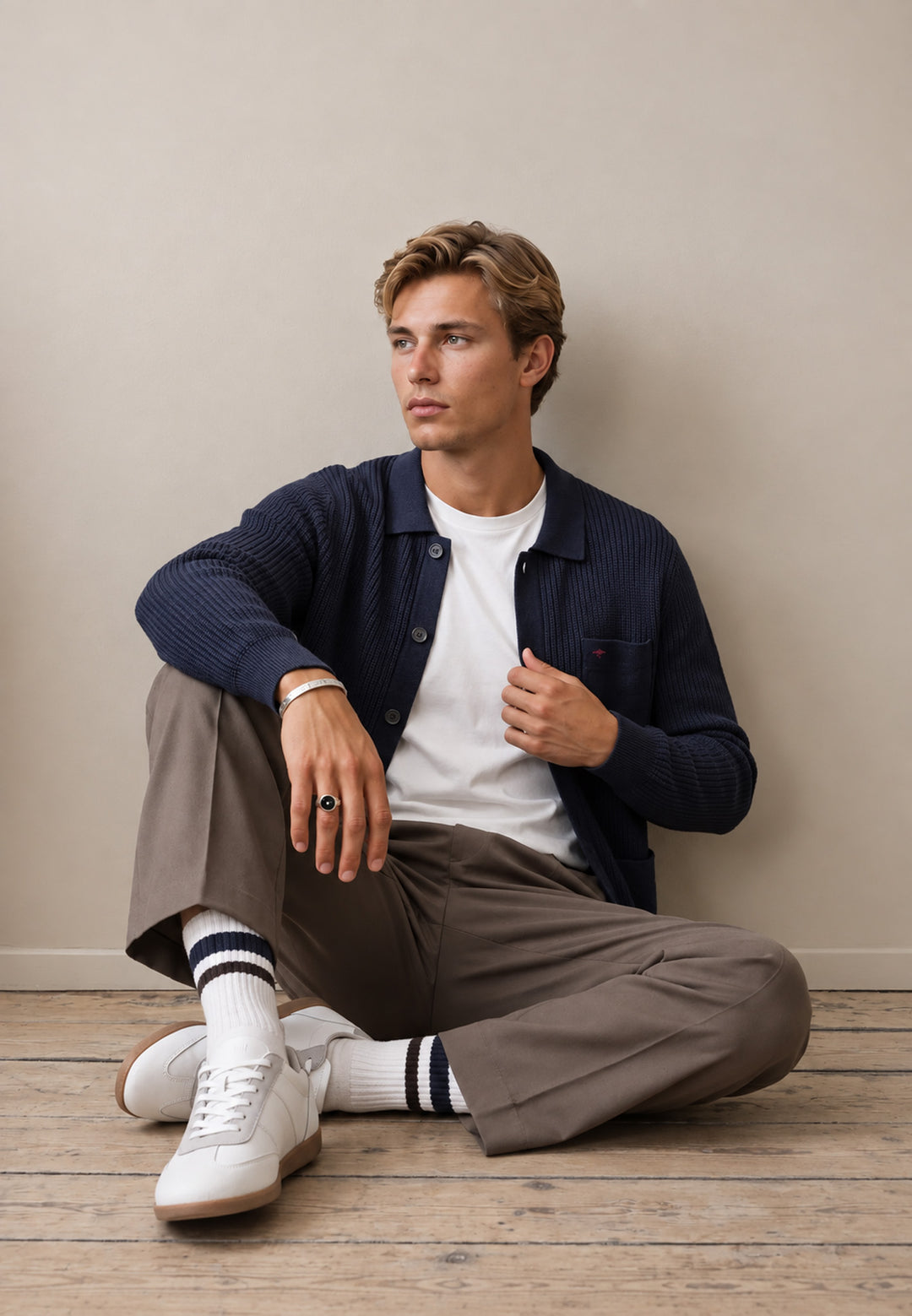 Ribbed Fine Knit Cotton Cardigan Navy