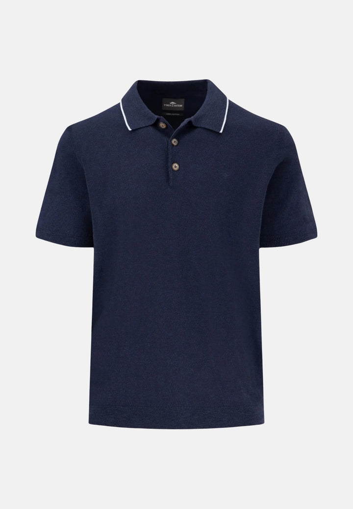 Cotton Linen Knit Polo Shirt Navy-Fynch-Hatton UK