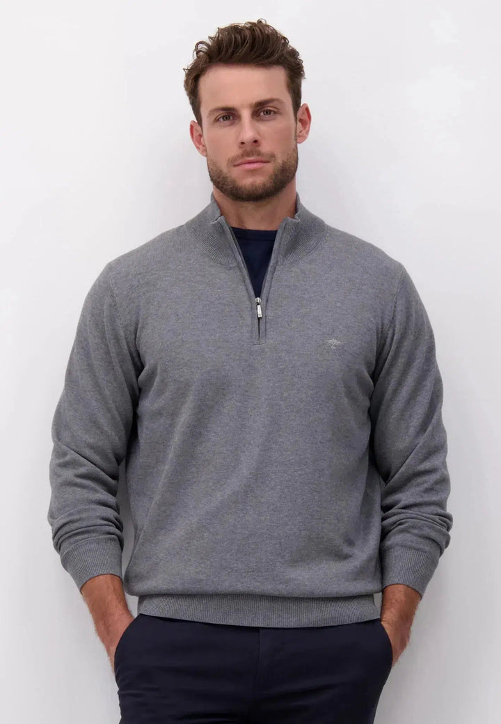 FINE KNIT 1/4 ZIP COTTON KNIT STEEL-Fynch-Hatton UK