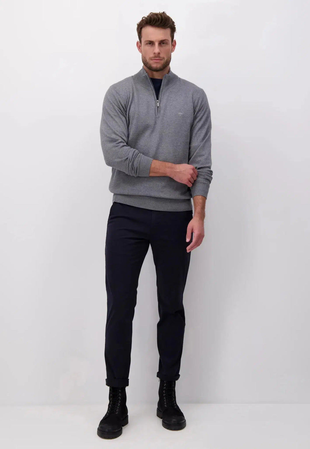 FINE KNIT 1/4 ZIP COTTON KNIT STEEL-Fynch-Hatton UK