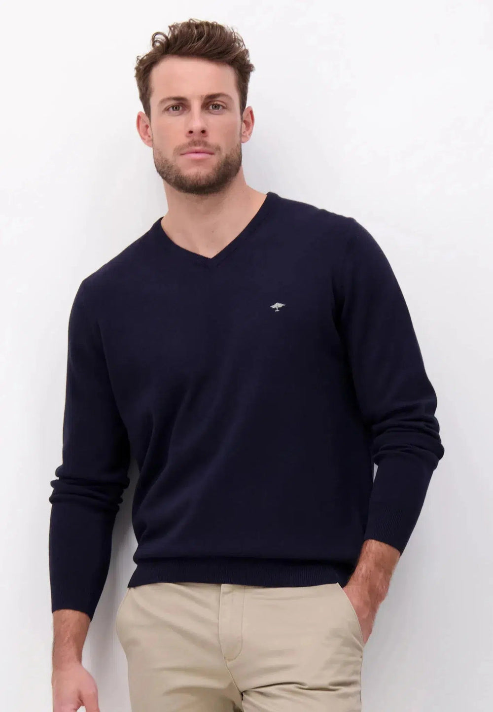 FINE KNIT V-NECK COTTON KNIT NAVY-Fynch-Hatton UK