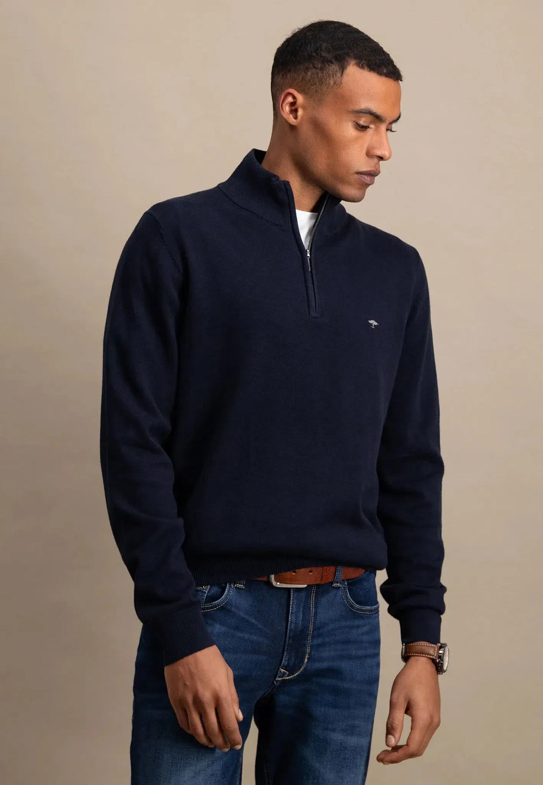 Fine Knit 1/4 Zip Cotton Knit Navy-Fynch-Hatton UK