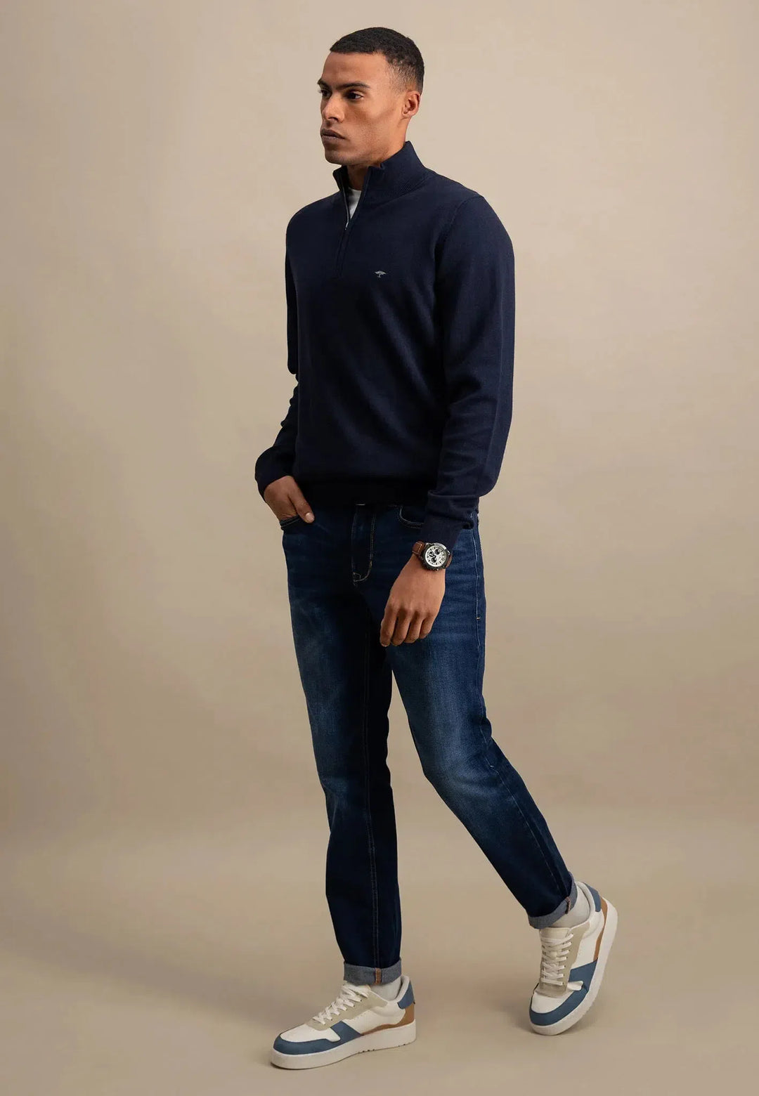 Fine Knit 1/4 Zip Cotton Knit Navy-Fynch-Hatton UK