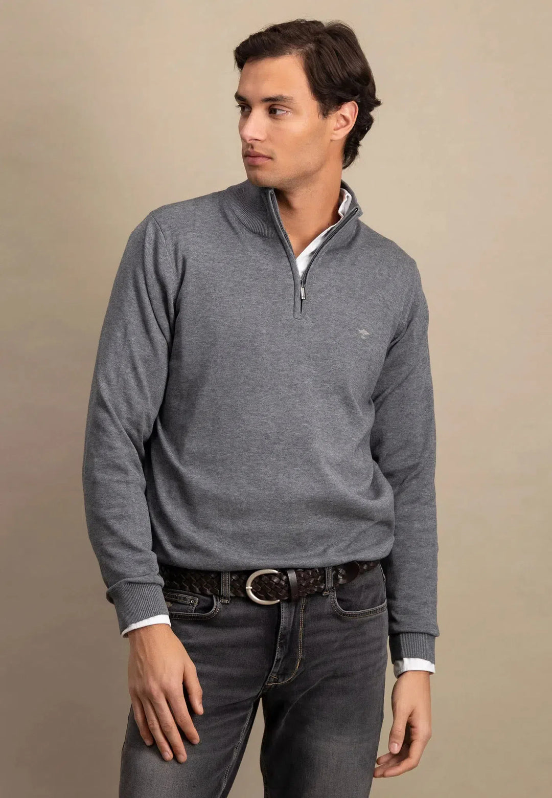 Fine Knit 1/4 Zip Cotton Knit Steel-Fynch-Hatton UK