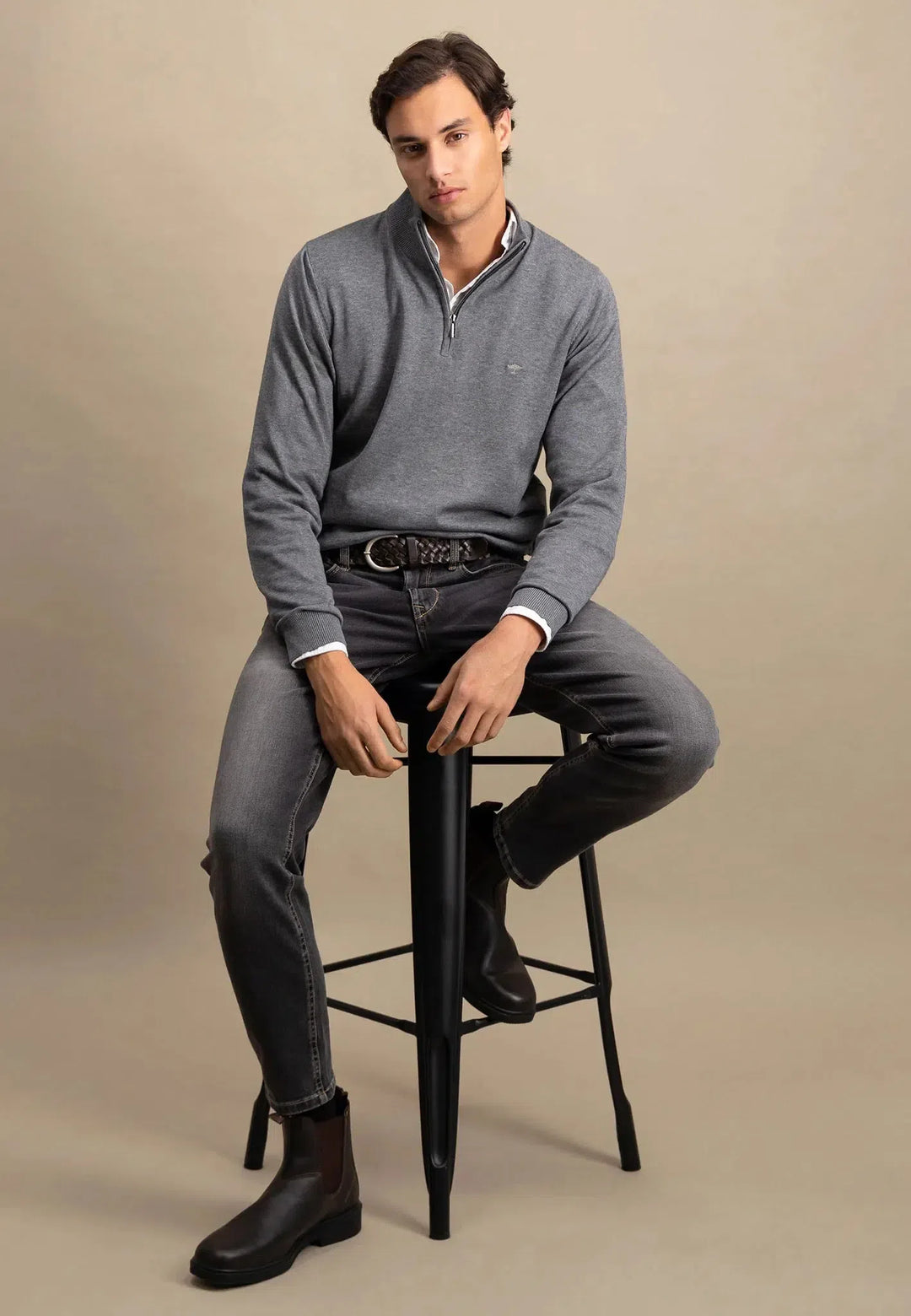 Fine Knit Cotton 1/4 Zip Steel-Fynch-Hatton UK