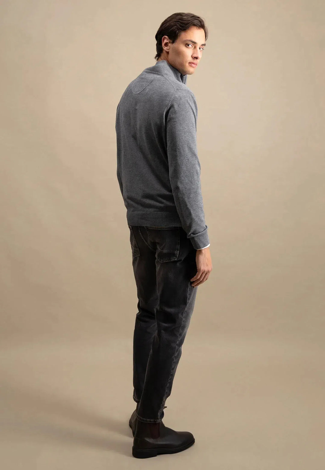 Fine Knit Cotton 1/4 Zip Steel-Fynch-Hatton UK