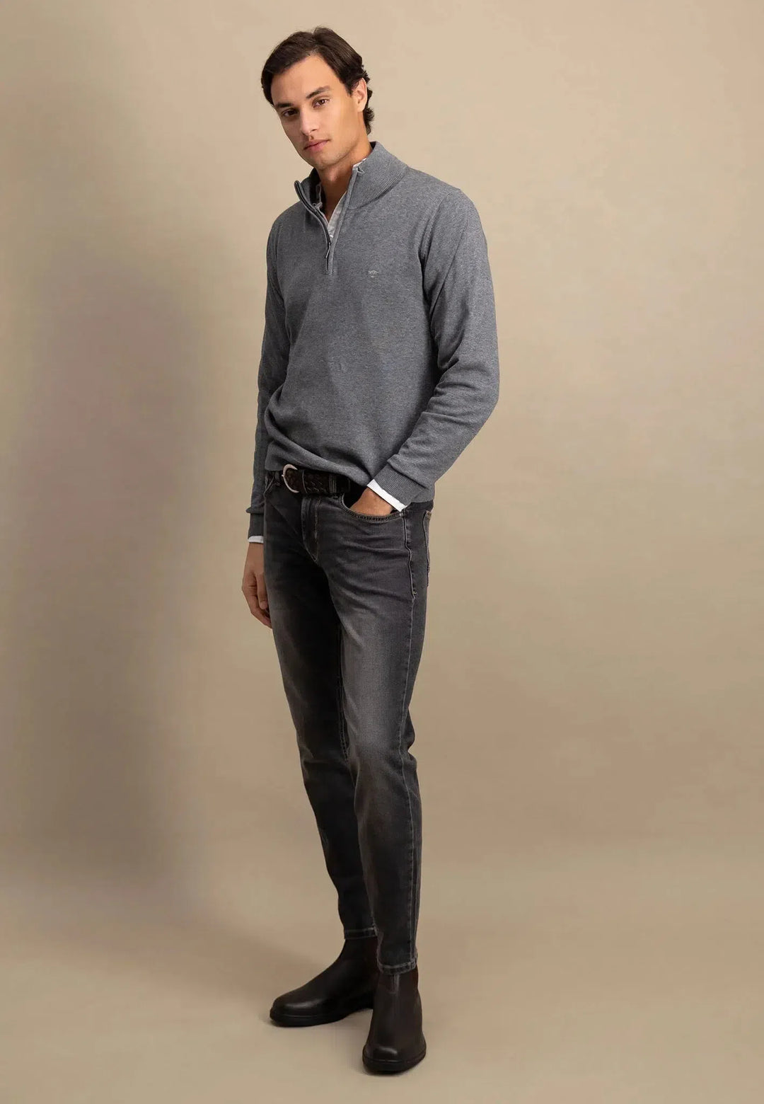 Fine Knit Cotton 1/4 Zip Steel-Fynch-Hatton UK