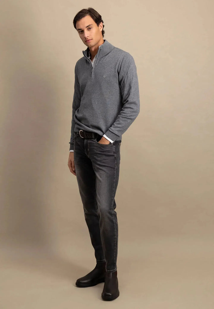 Fine Knit Cotton 1/4 Zip Steel-Fynch-Hatton UK