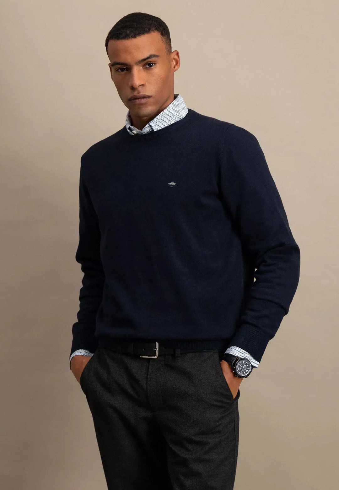 Fine Knit Cotton Crewneck Navy-Fynch-Hatton UK