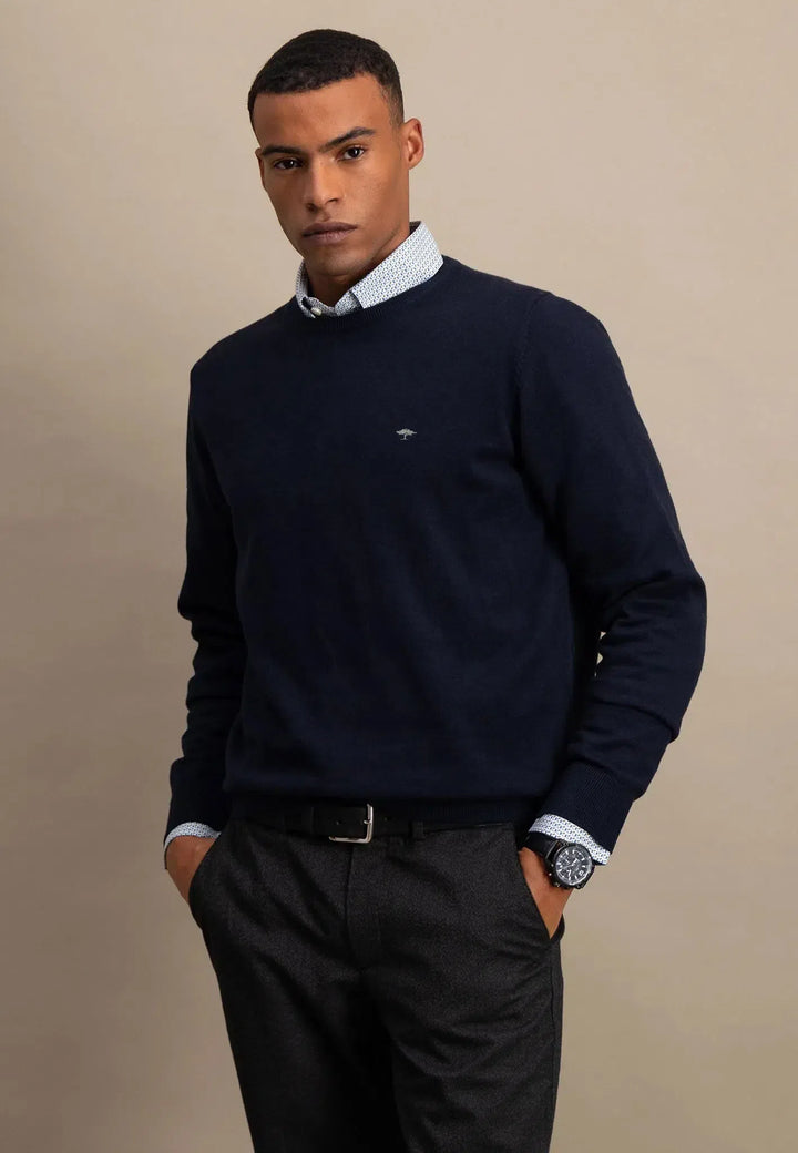 Fine Knit Cotton Crewneck Navy-Fynch-Hatton UK