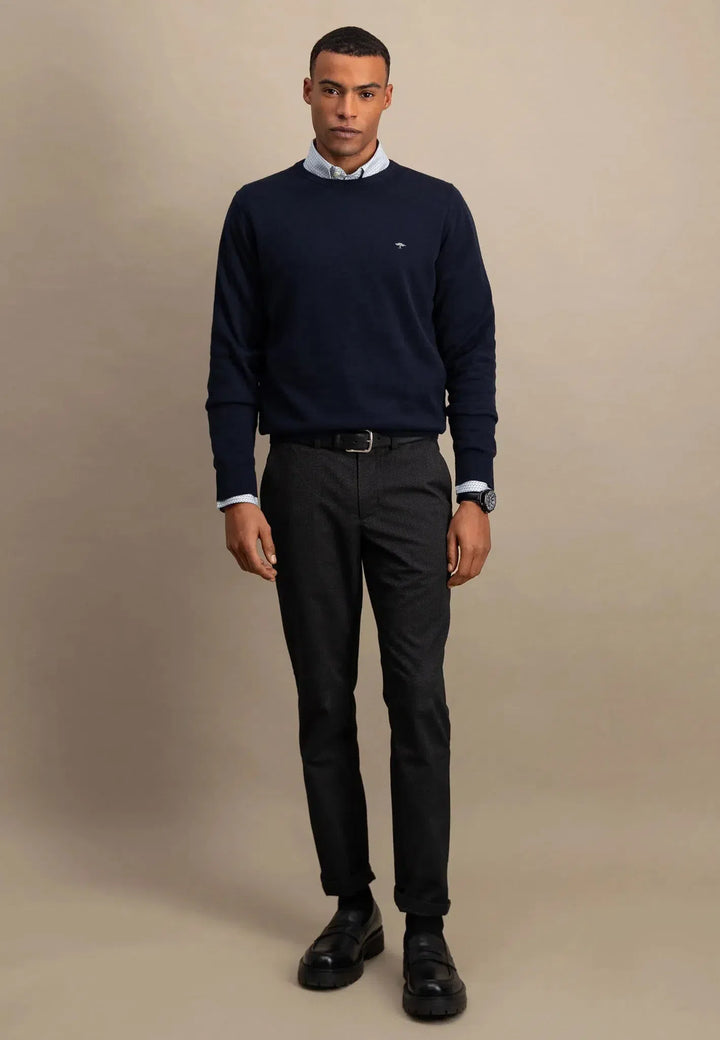 Fine Knit Cotton Crewneck Navy-Fynch-Hatton UK