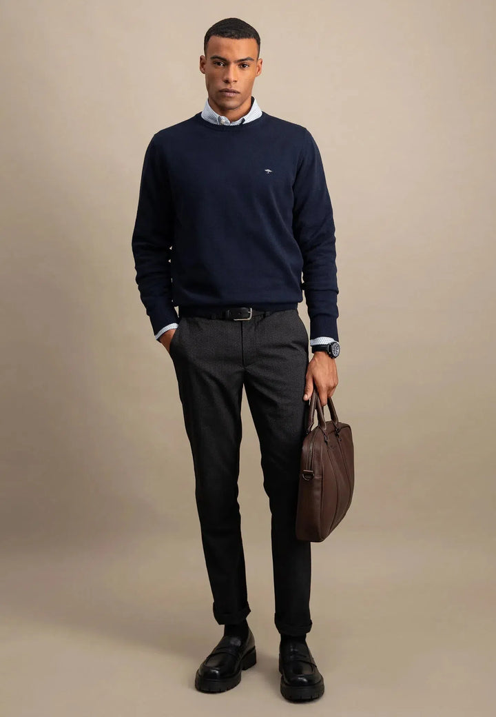 Fine Knit Cotton Crewneck Navy-Fynch-Hatton UK