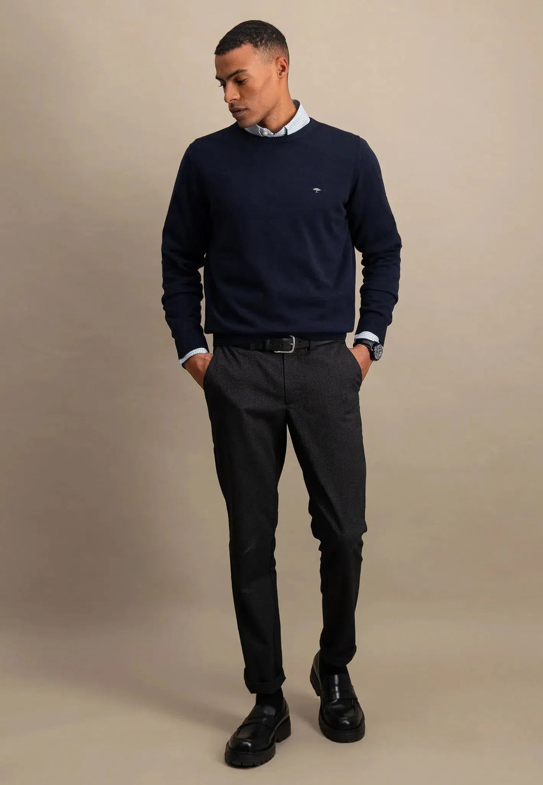 Fine Knit Cotton Crewneck Navy-Fynch-Hatton UK