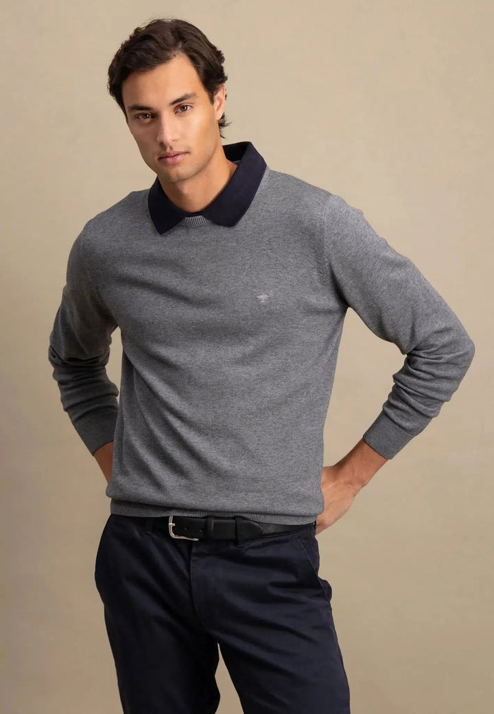 Fine Knit Crewneck Cotton Knit Steel-Fynch-Hatton UK