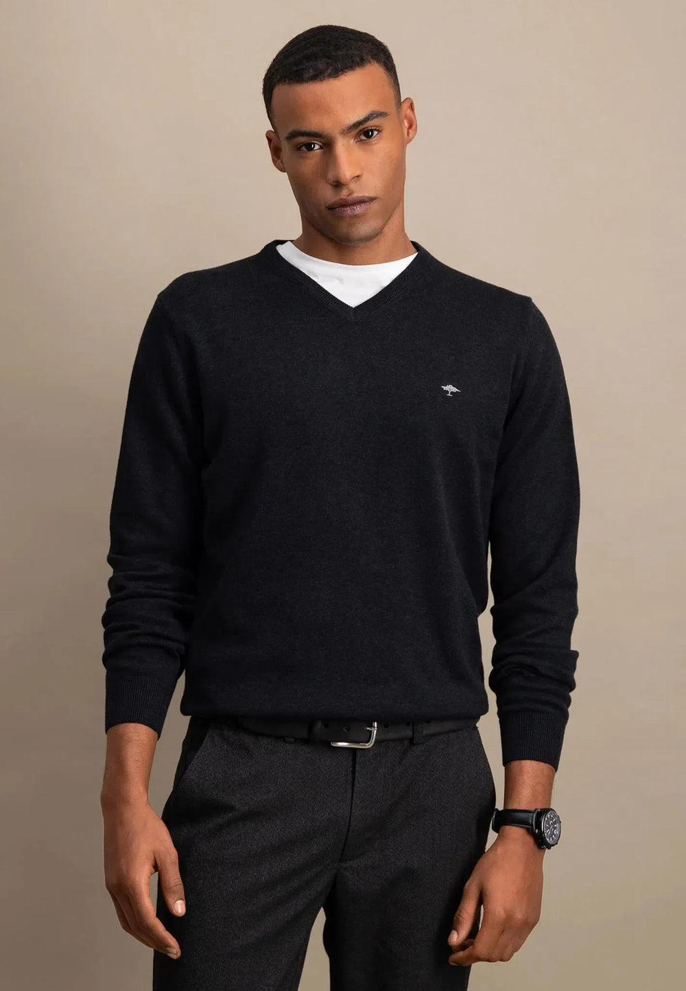 Fine Knit V-Neck Cotton Knit Charcoal-Fynch-Hatton UK