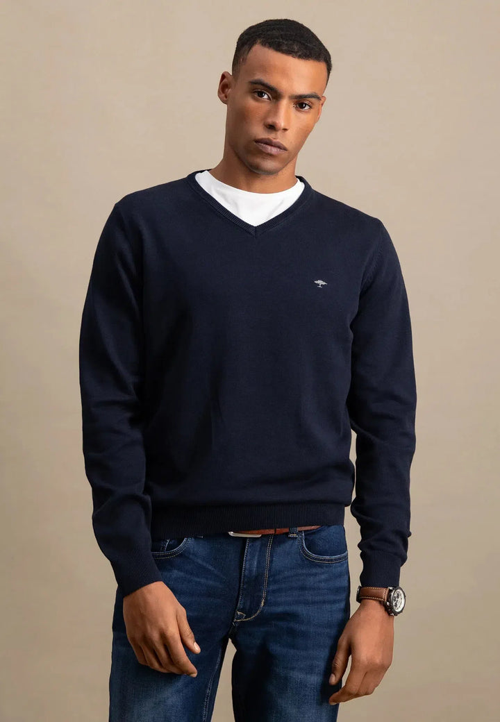 Fine Knit V-Neck Cotton Knit Navy-Fynch-Hatton UK