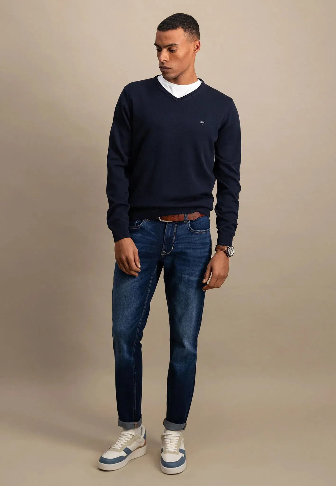 Fine Knit V-Neck Cotton Knit Navy-Fynch-Hatton UK