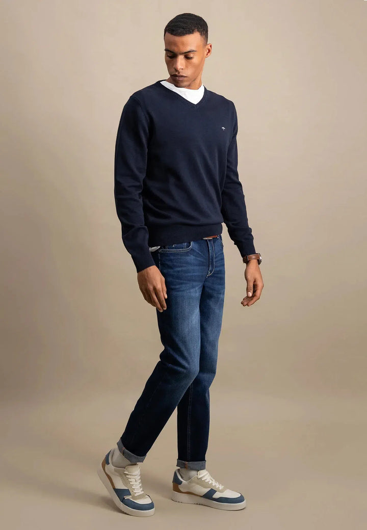 Fine Knit V-Neck Cotton Knit Navy-Fynch-Hatton UK