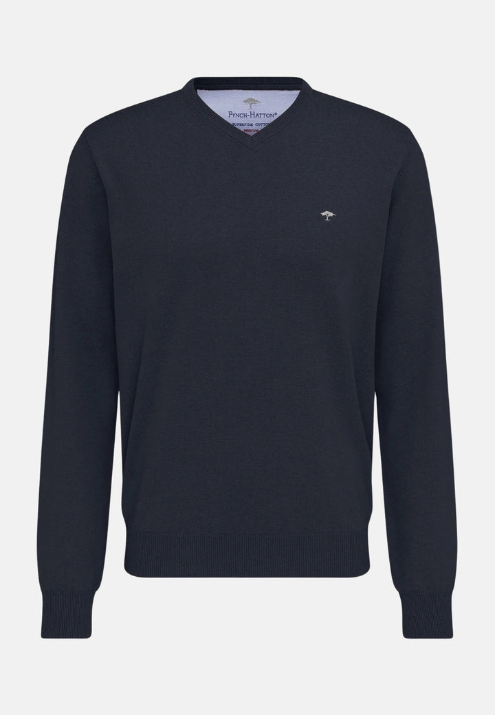 Fine Knit V-Neck Cotton Knit Navy-Fynch-Hatton UK