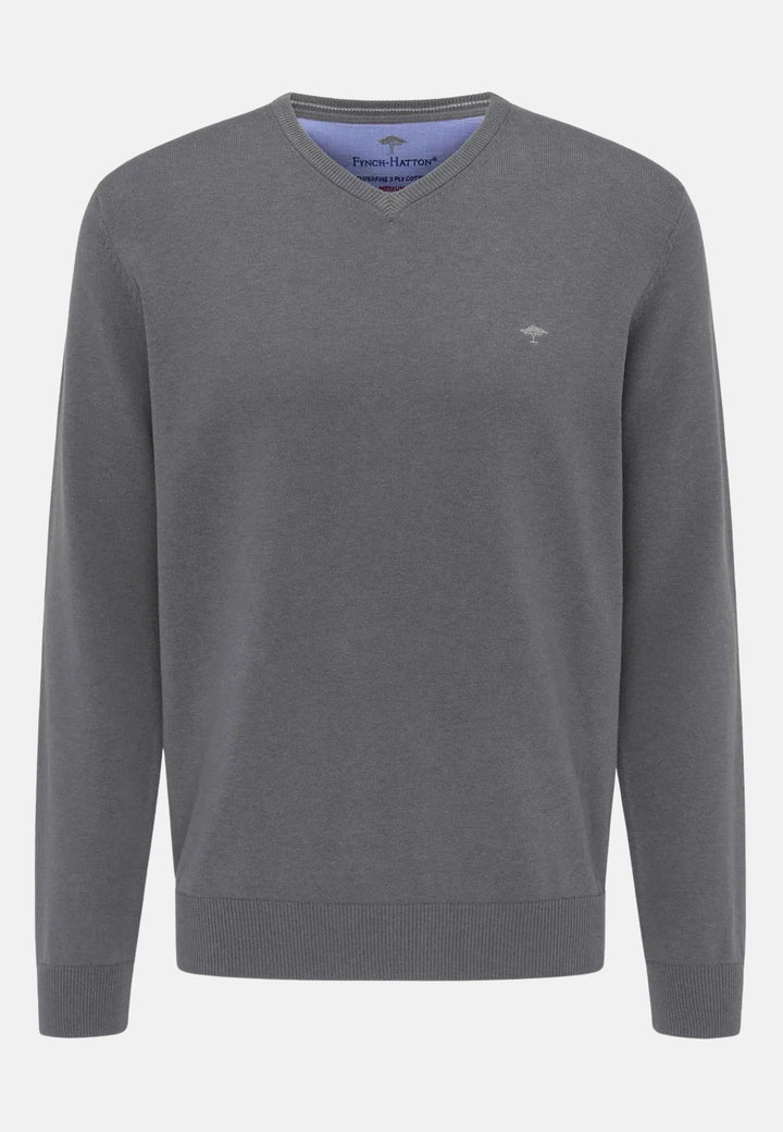 Fine Knit V-Neck Cotton Knit Steel-Fynch-Hatton UK