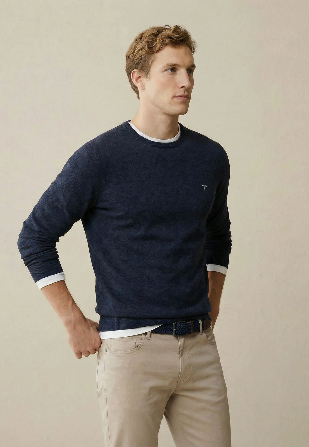 Fine Knit Cotton Crewneck Sweater Navy
