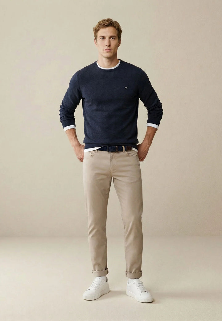 Fine Knit Cotton Crewneck Sweater Navy