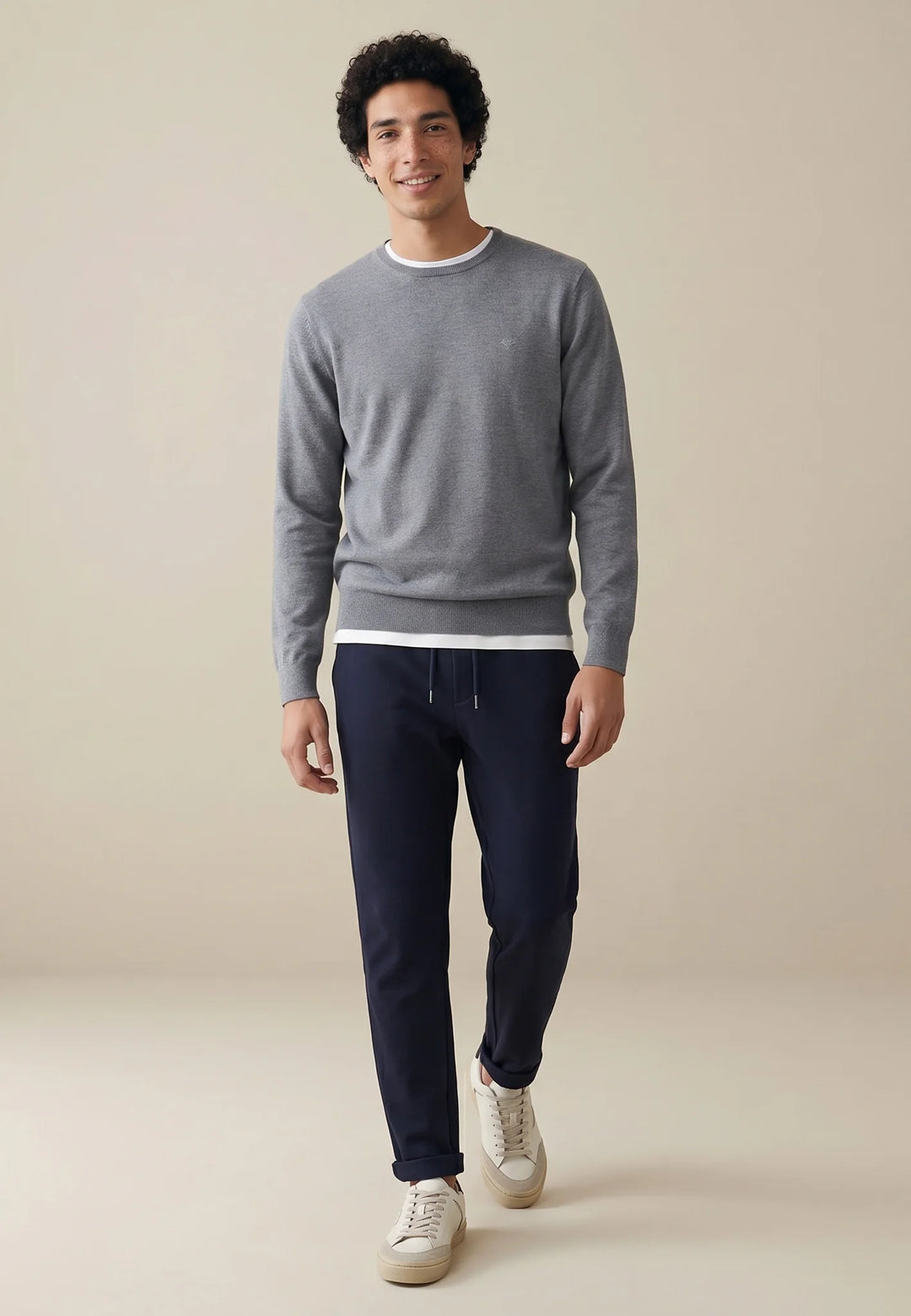 Fine Knit Cotton Crewneck Sweater Steel