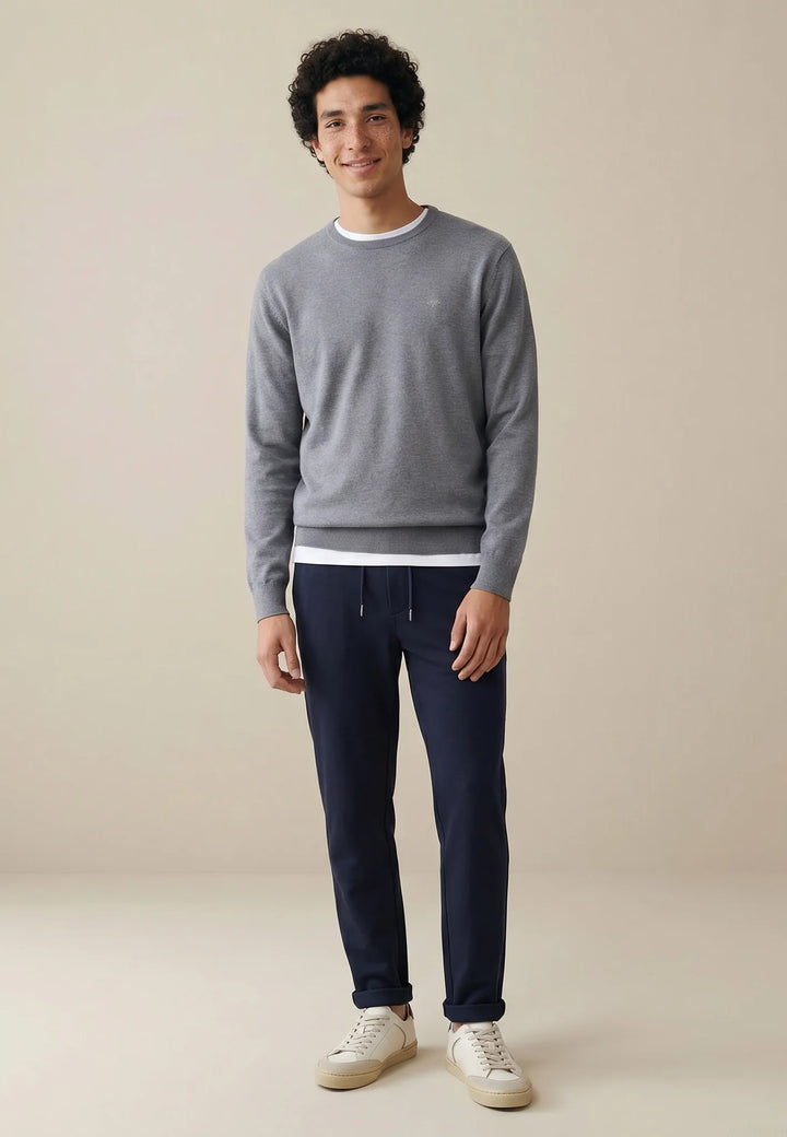 Fine Knit Cotton Crewneck Sweater Steel