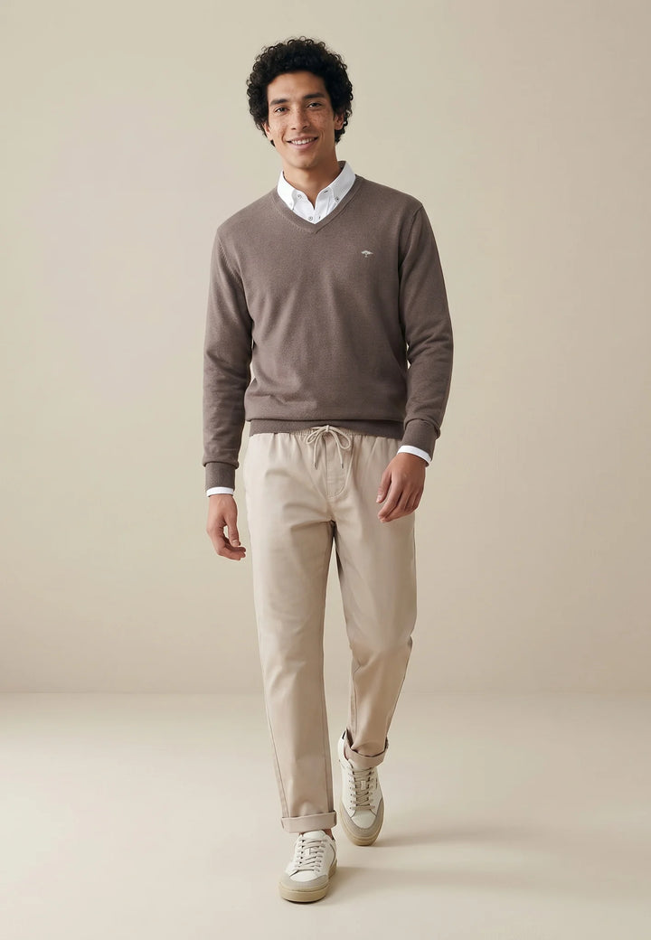 Fine Knit Cotton V-Neck Sweater Earth