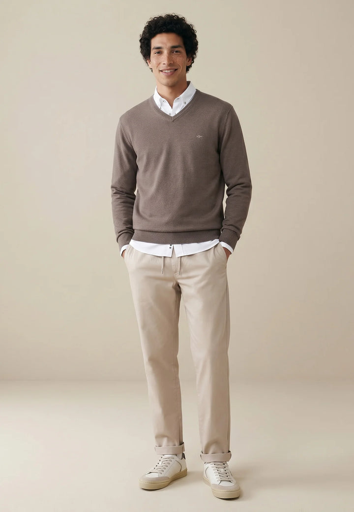 Fine Knit Cotton V-Neck Sweater Earth